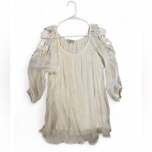 100% Silk White Flowy Lace Trim Peasant Blouse Bridal Wedding Resortwear Beach